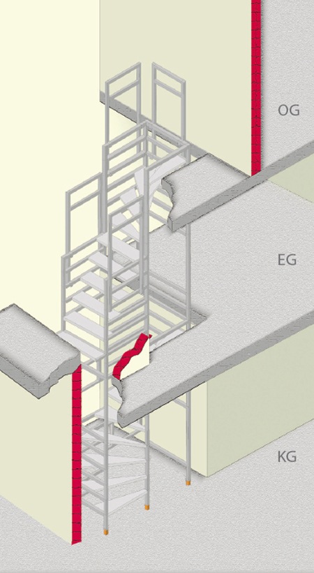 Bautreppe halbgewendelt-und-viertelgewendelt-übereinander / tijdelijke trap / escalier de chantier